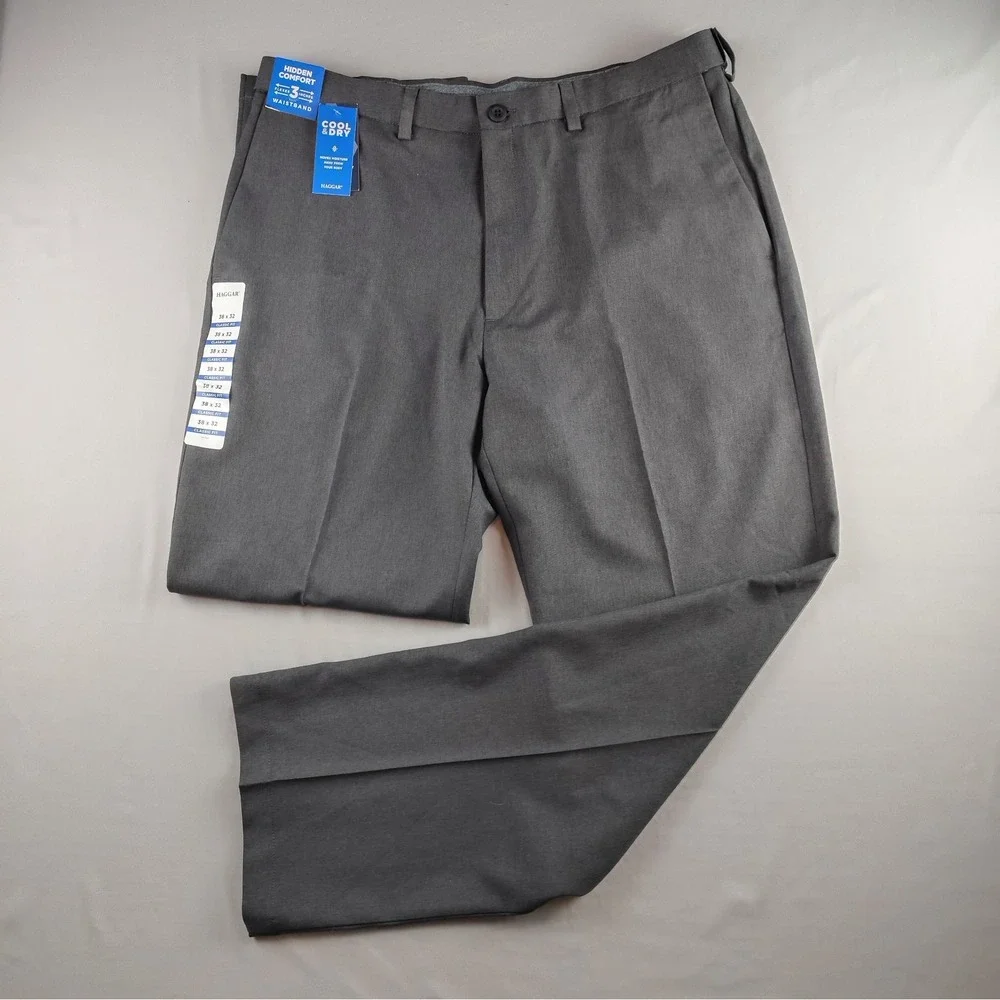 NWT Haggar Pants Mens 38x32 Dark Gray Cool Right Performance Flex Classic Fit